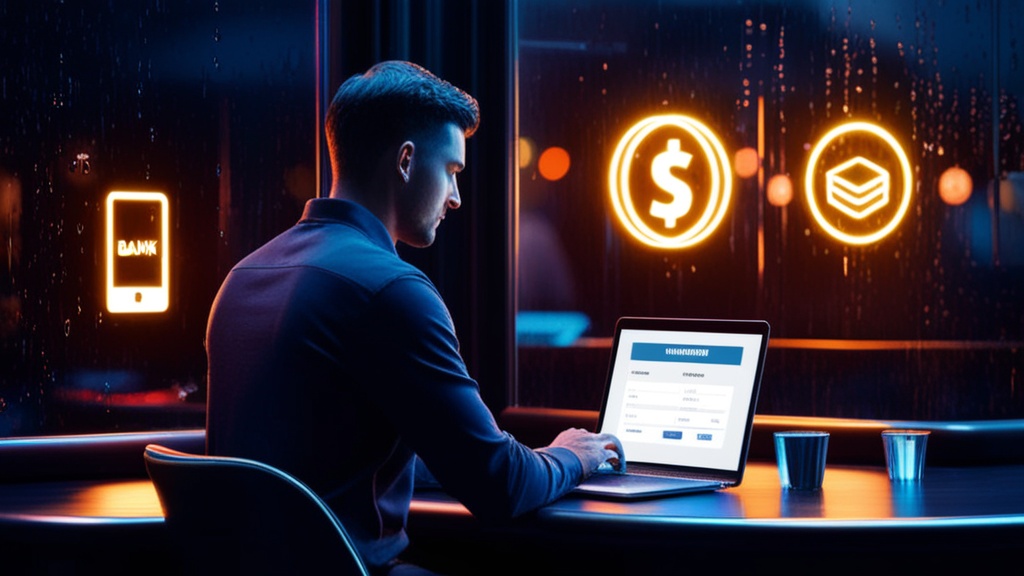 Speler bekijkt een opnameformulier op laptop met neon bank- en walleticonen