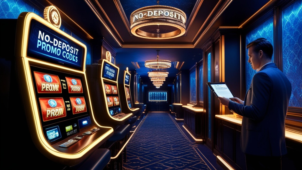 Donkere casinoruimte met no-deposit codes en een speler die de voorwaarden bekijkt