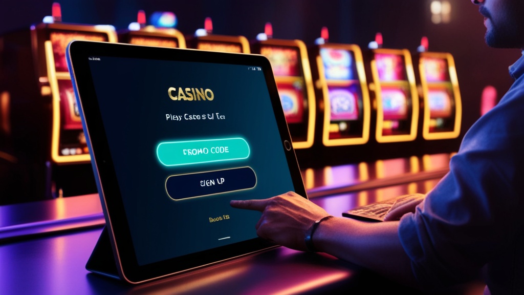 Speler voert een bonuscode in op een registratievenster in een donker casino