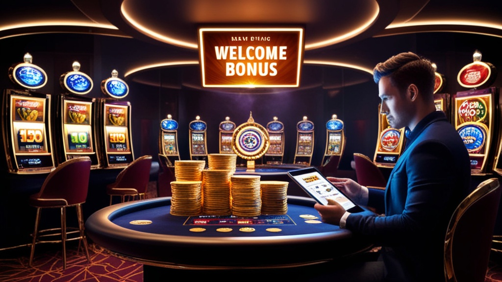 Speler bekijkt bonusaanbiedingen in een donker casino met lichtgevende schermen