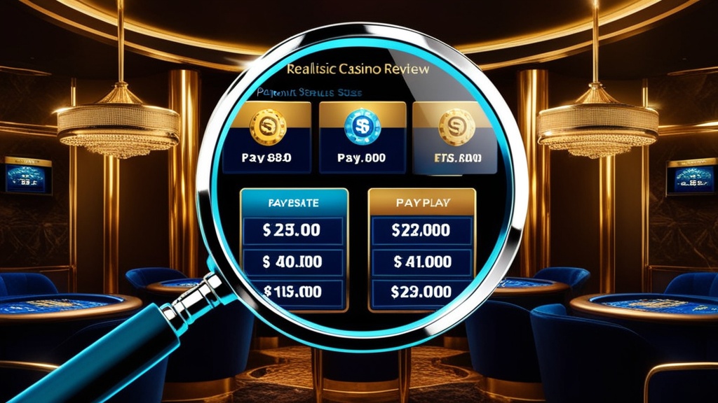 Review-achtige casino scène met loep en uitbetalingsschermen