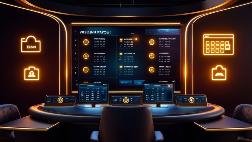 Casino controlekamer met kalender en wachtrij voor weekenduitbetalingen